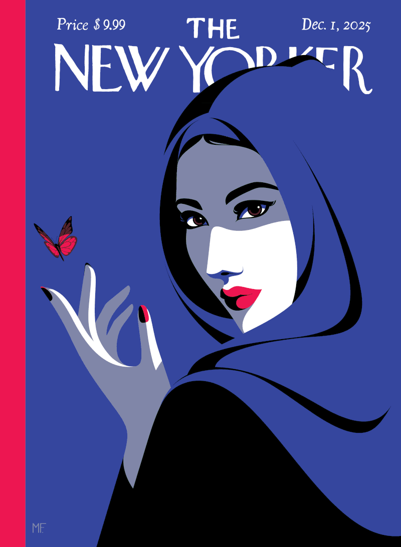 A woman with a headscarf gestures to a butterfly; Rea Irvin's dandy, Eustace Tilley, inspects a butterfly.