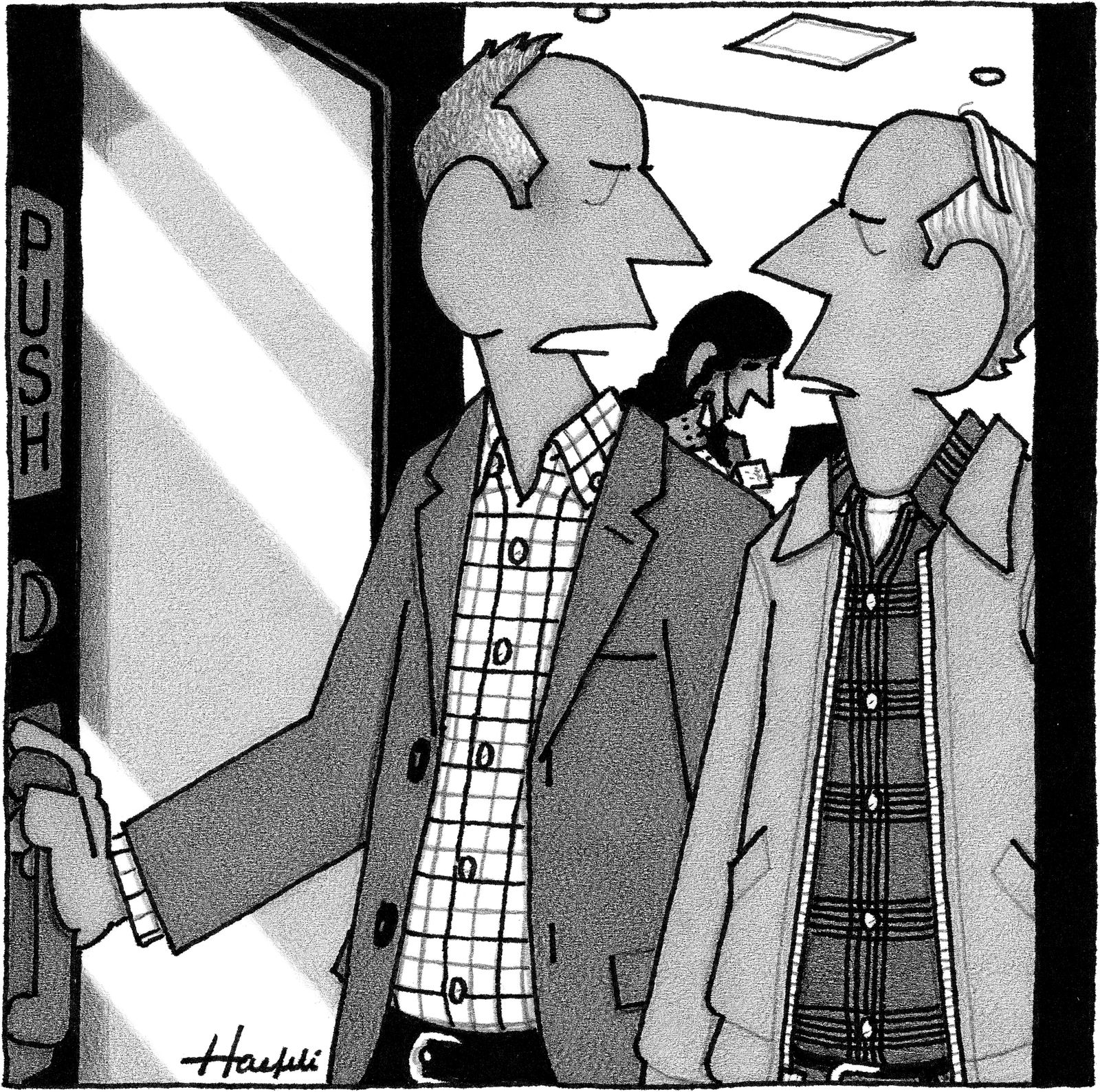 Two men talking about a sports jacket.