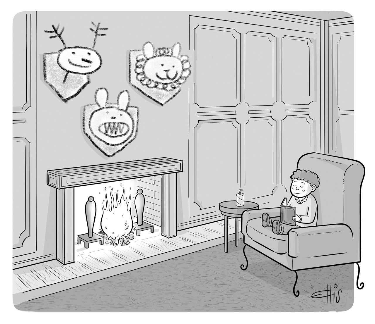 Boy reads in a room with his mounted drawings above a fireplace.