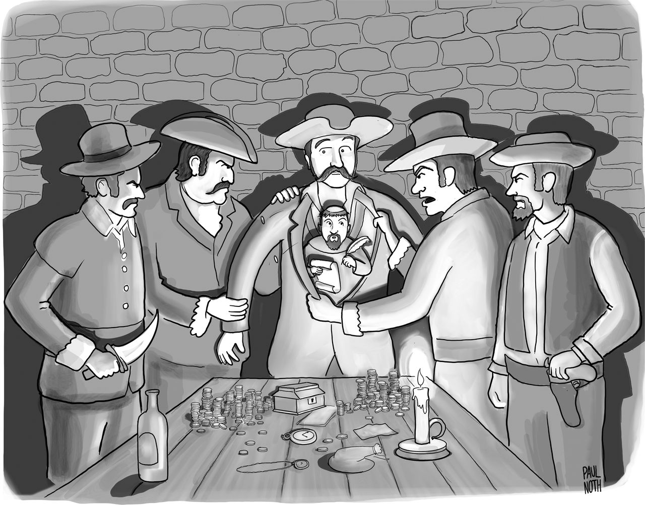 Pirate revealed to be spying with a scribe in his shirt.