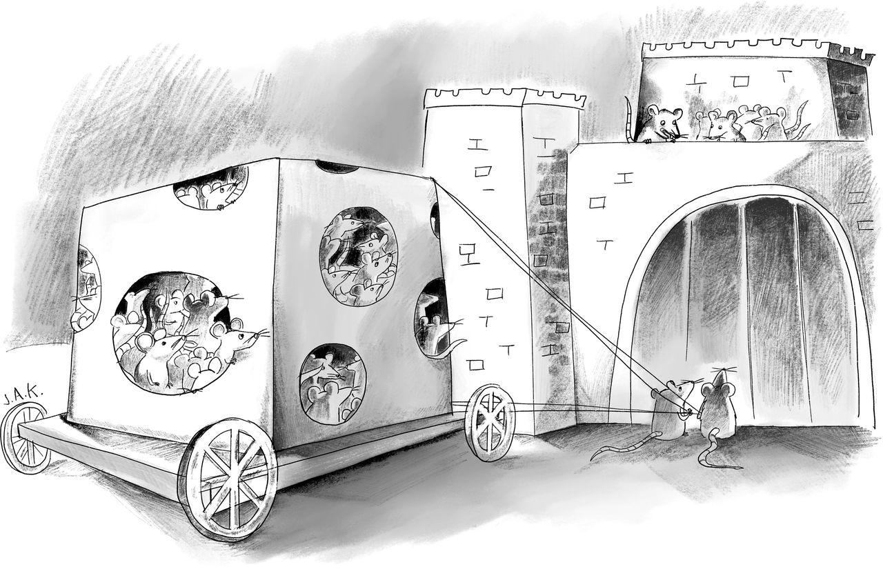 Mice try to use a fake cube of Swiss cheese as their Trojan Horse.