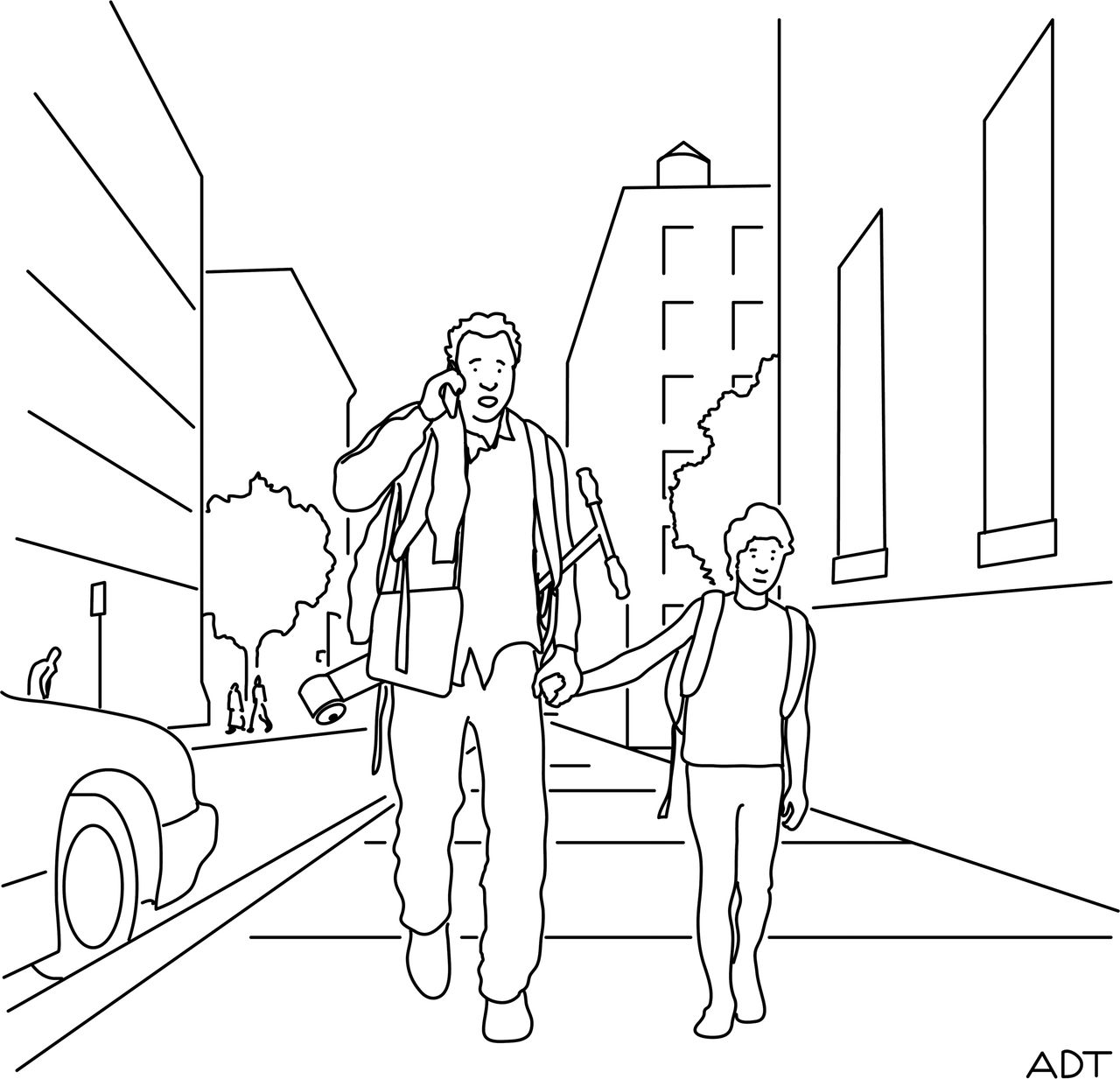 Man on the phone and holding his sons hand.