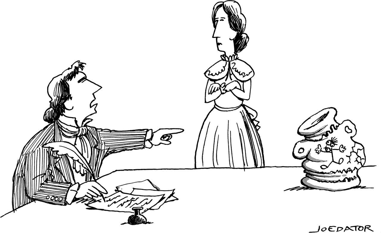 Man sits at a table and points at a Grecian urn while writing with a feather quill and speaking to a woman standing next...