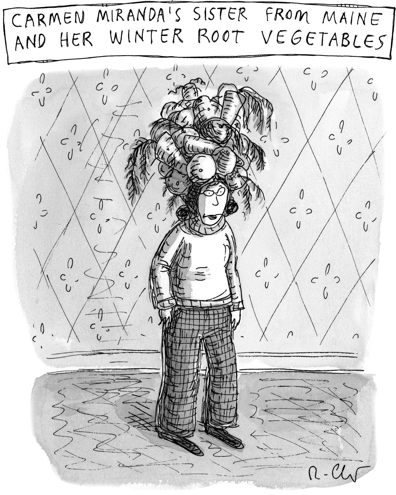 Woman wears huge root vegetable hat.