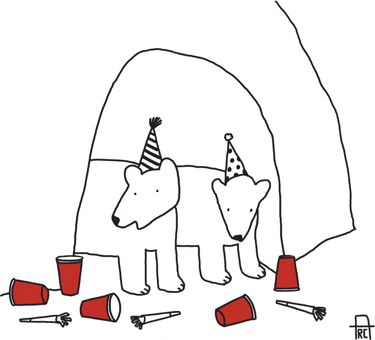 Two polar bears in party hats surrounded by red solo cups and party horns stand at entrance of cave.
