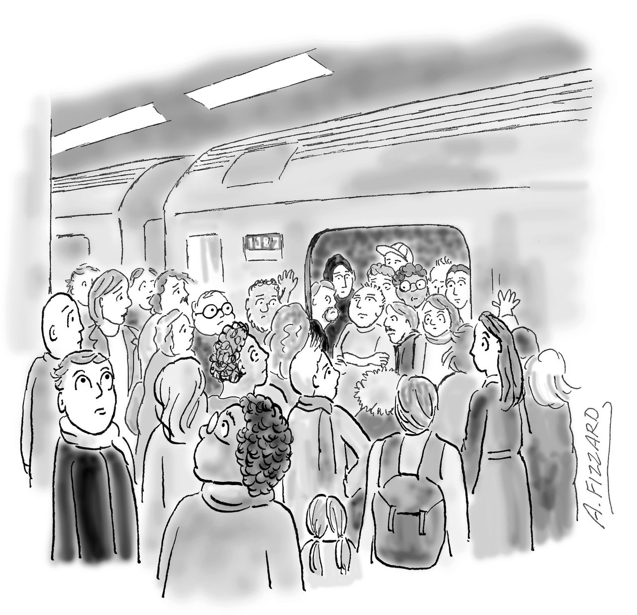 Crowd on platform outside packed subway car.